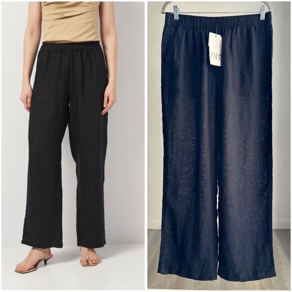ZARA WIDE LEG LINEN PANTS BLACK - Picture 1 of 3